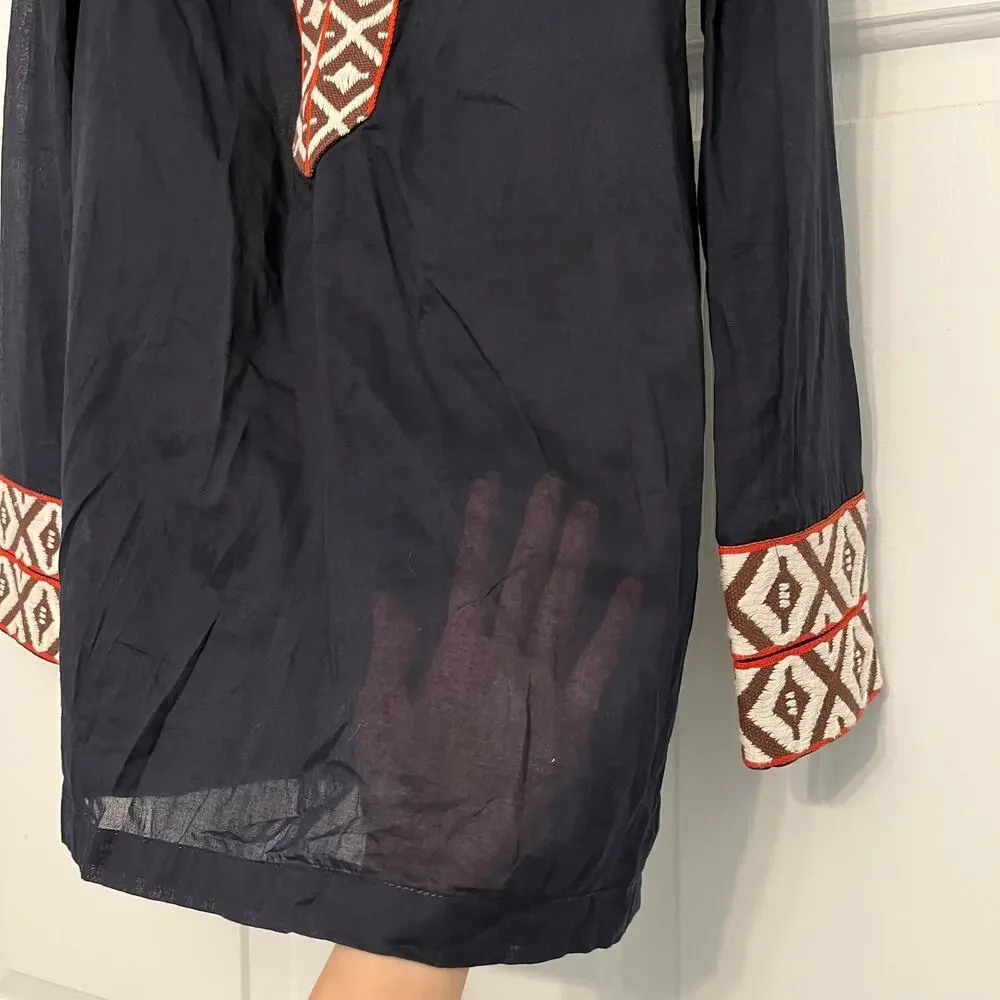 Tory Burch Tunic Long Sleeve Top Navy‎ Size 4 Tribal Beach Cover Embroider Sheer